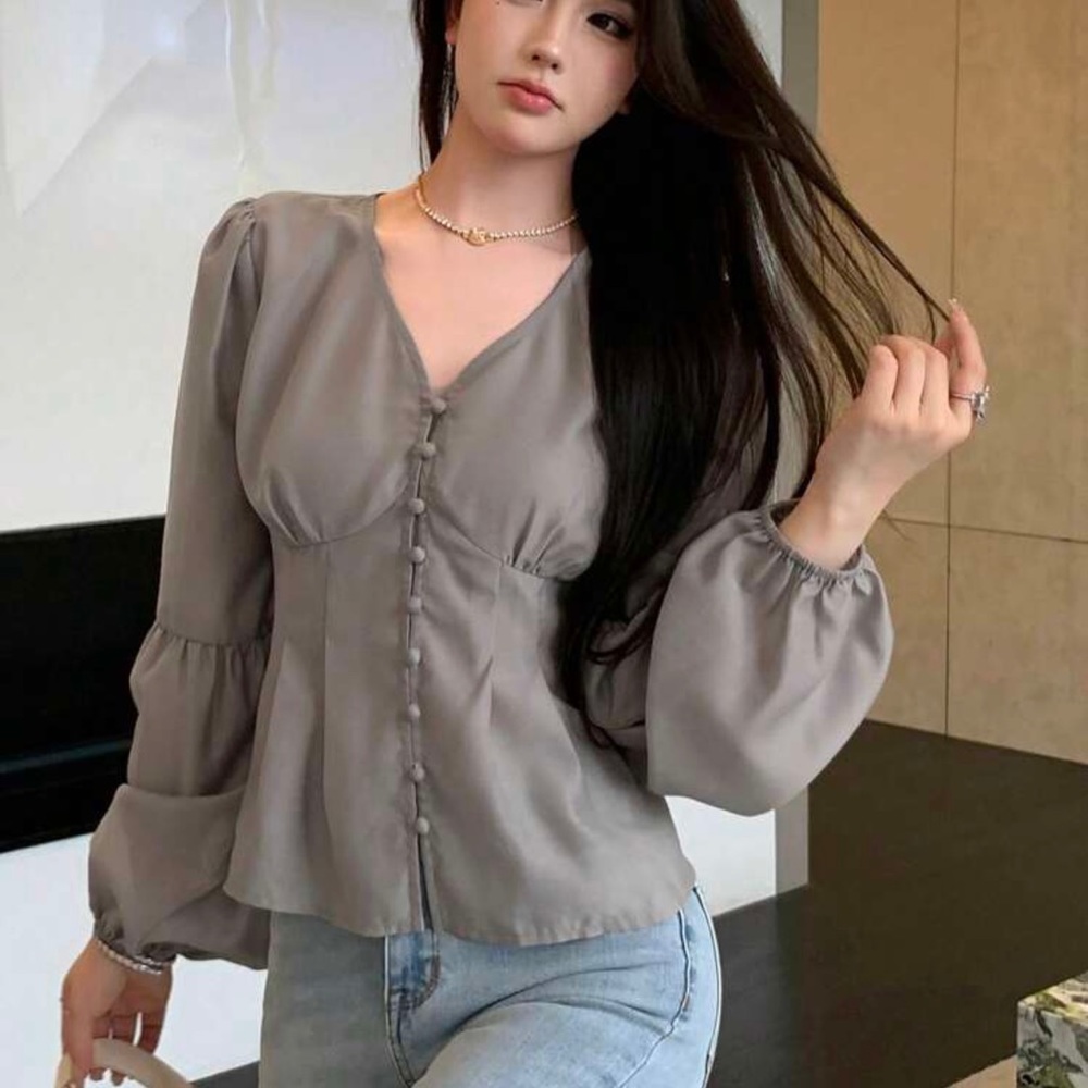 Solid Button Through Bishop Sleeve Blouse